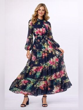 Melonie T Navy Floral Tiered Maxi Dress Petite 14P Long Sleeve Romantic Wedding